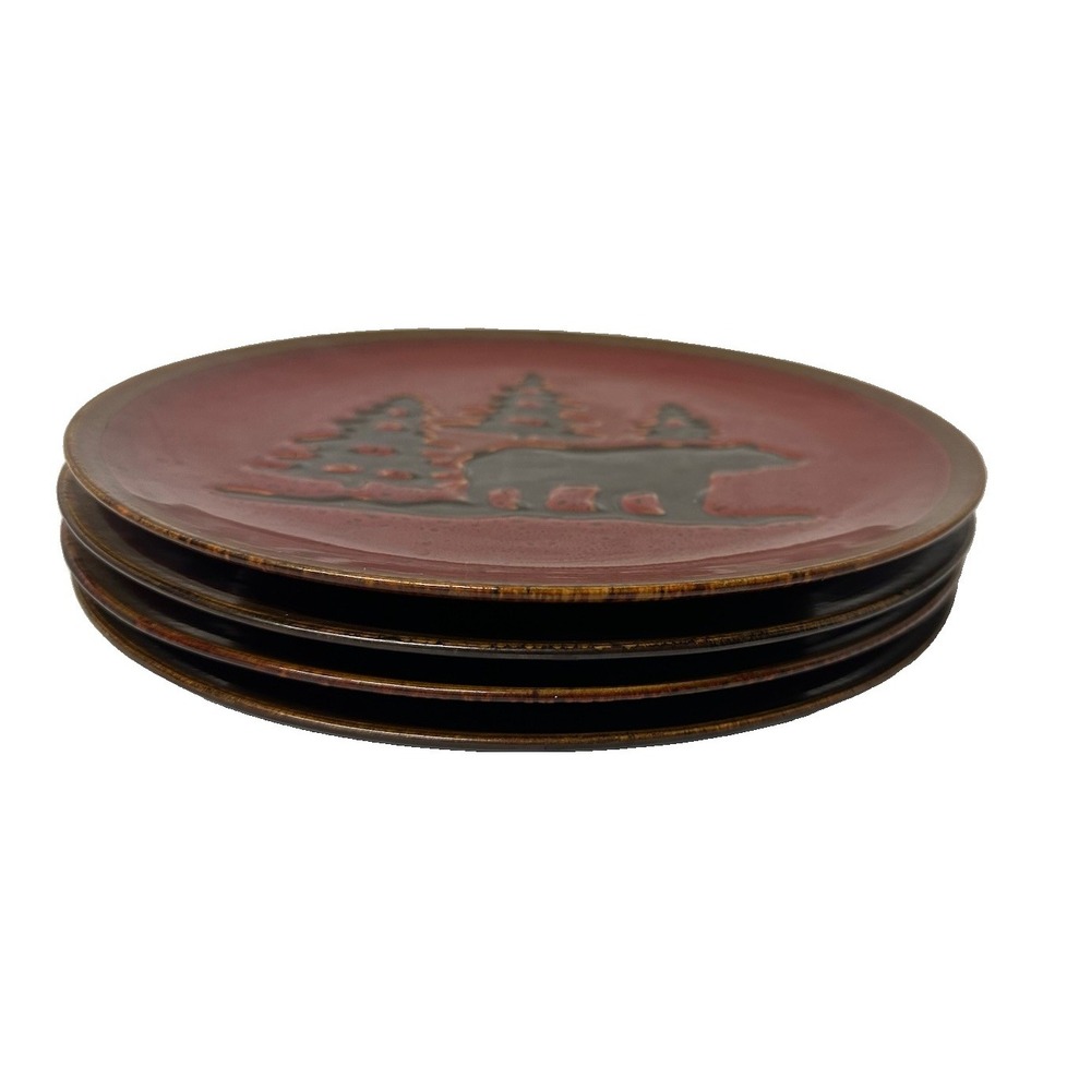 Home Studio Woodland Red Stoneware Dinner Plates 11" Bear Pine Tree Rustic Lodge